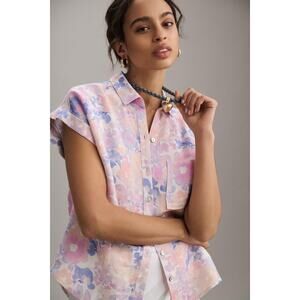 Cloth Stone Surf Shirt Linen Blend Watercolor Floral Relaxed Button Up Size XS